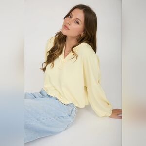 Split Neck Long Sleeve Cropped Knit Top